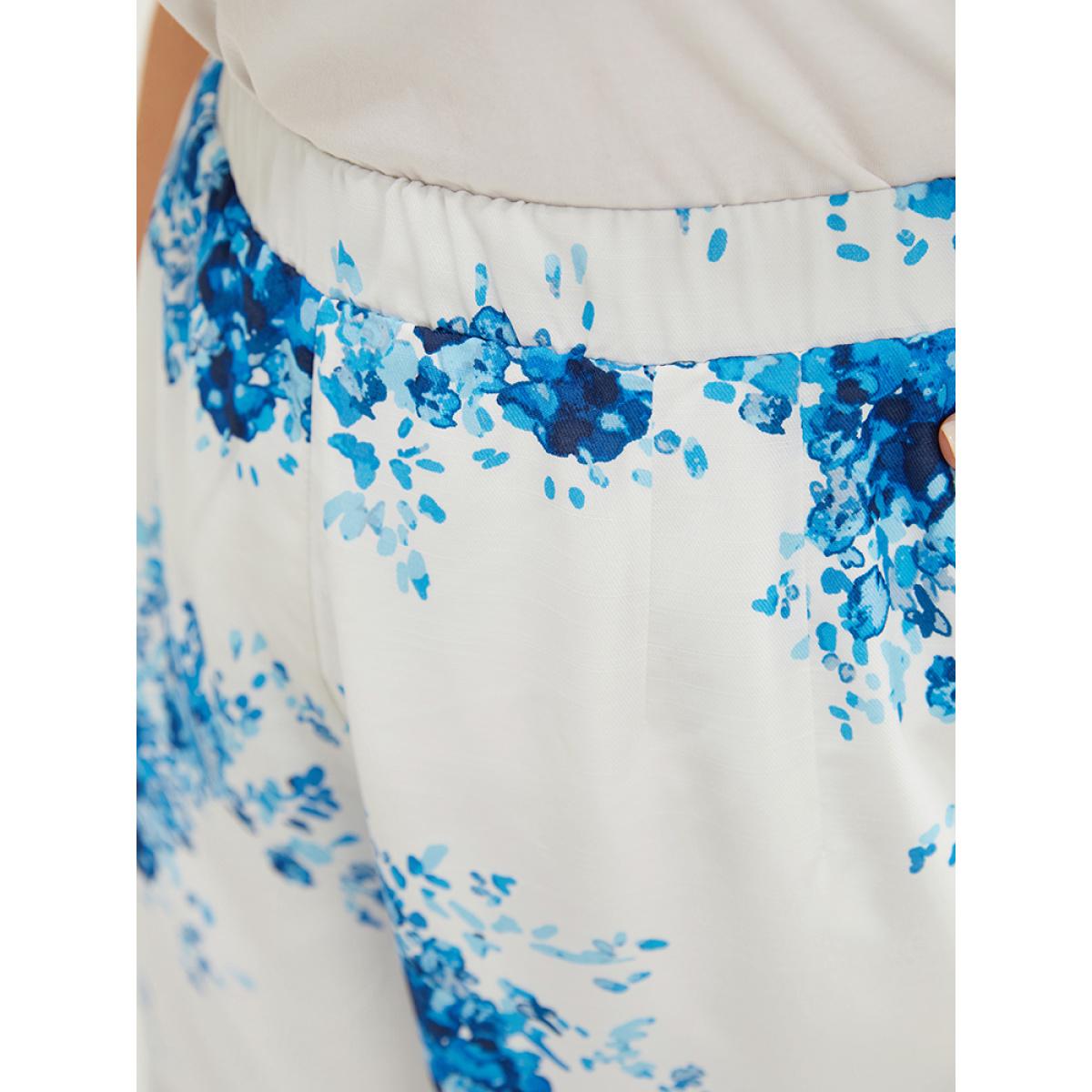 Plus Size Graphic Print Wide Leg Mid Rise Pocket Pants Women Cerulean Elegant Mid Rise Dailywear Pants BloomChic 14-16/1X Product Image