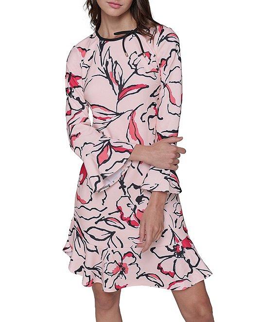 KARL LAGERFELD PARIS Bow Neck Floral Print Scuba Crepe Flounce Hem Sheath Dress Product Image