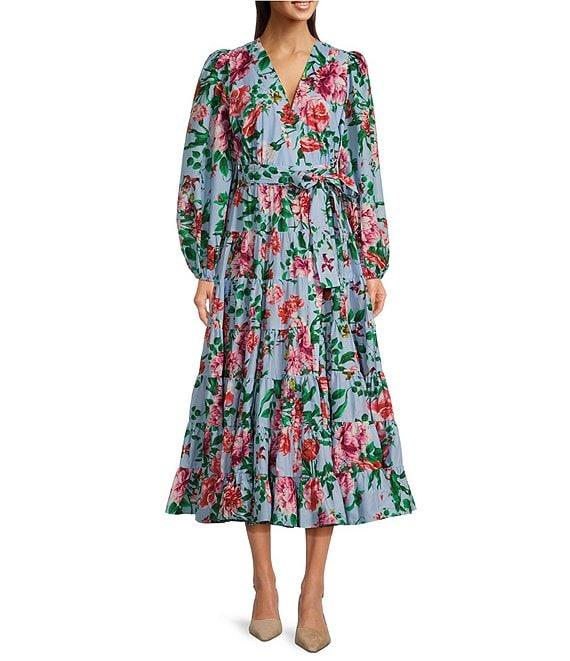 Gibson & Latimer Woven Floral Print Poplin V-Neck Long Blouson Sleeve Tie at Side Wrap A-Line Flounce Midi Dress Product Image