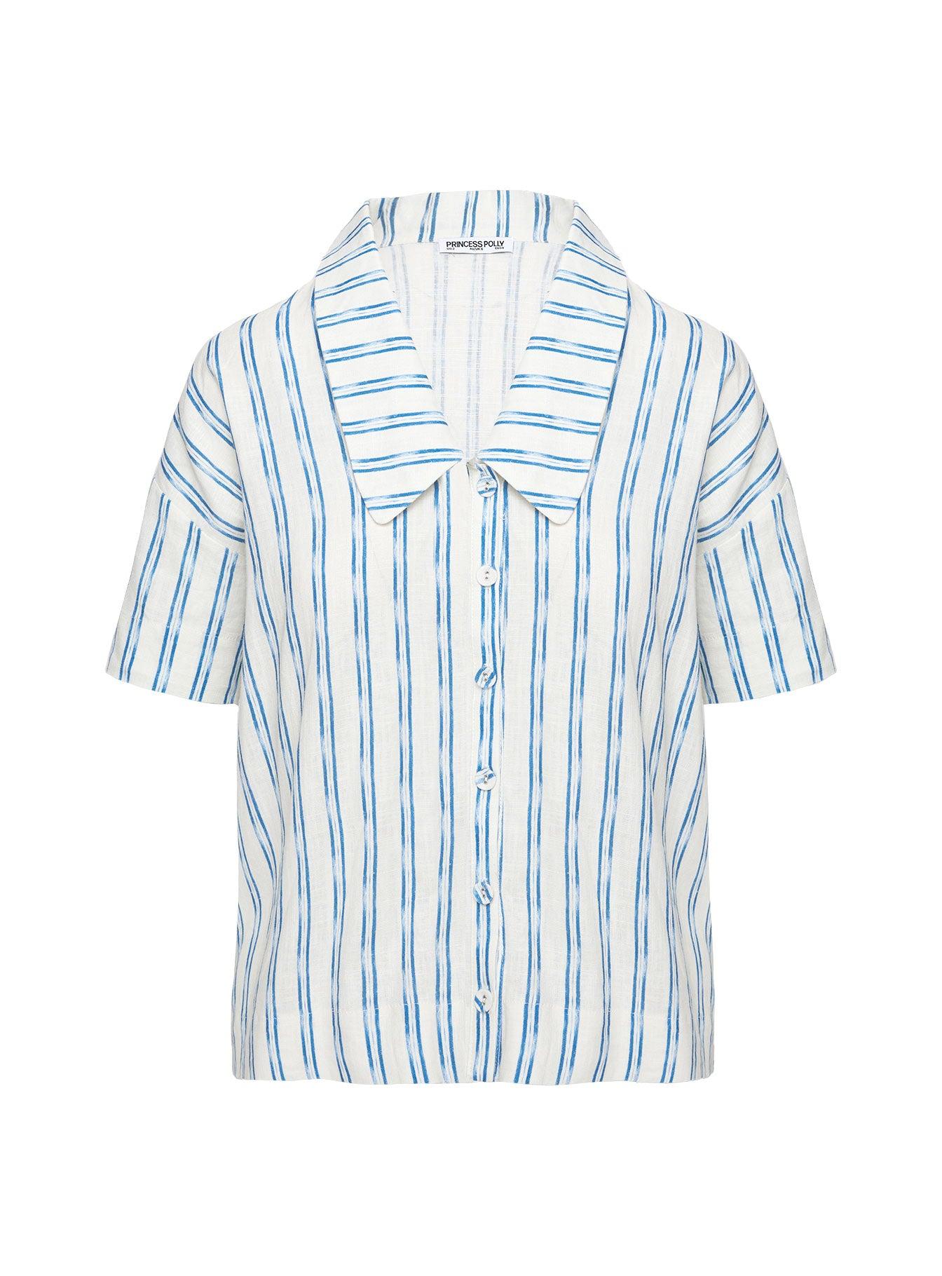 Goody Linen Button Front Top Blue Stripe Product Image