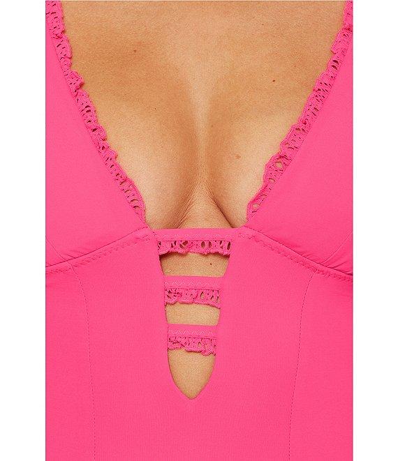 Becca By Rebecca Virtue Solid Frills Scallop Lace Plunge One Piece Swimsuit Product Image