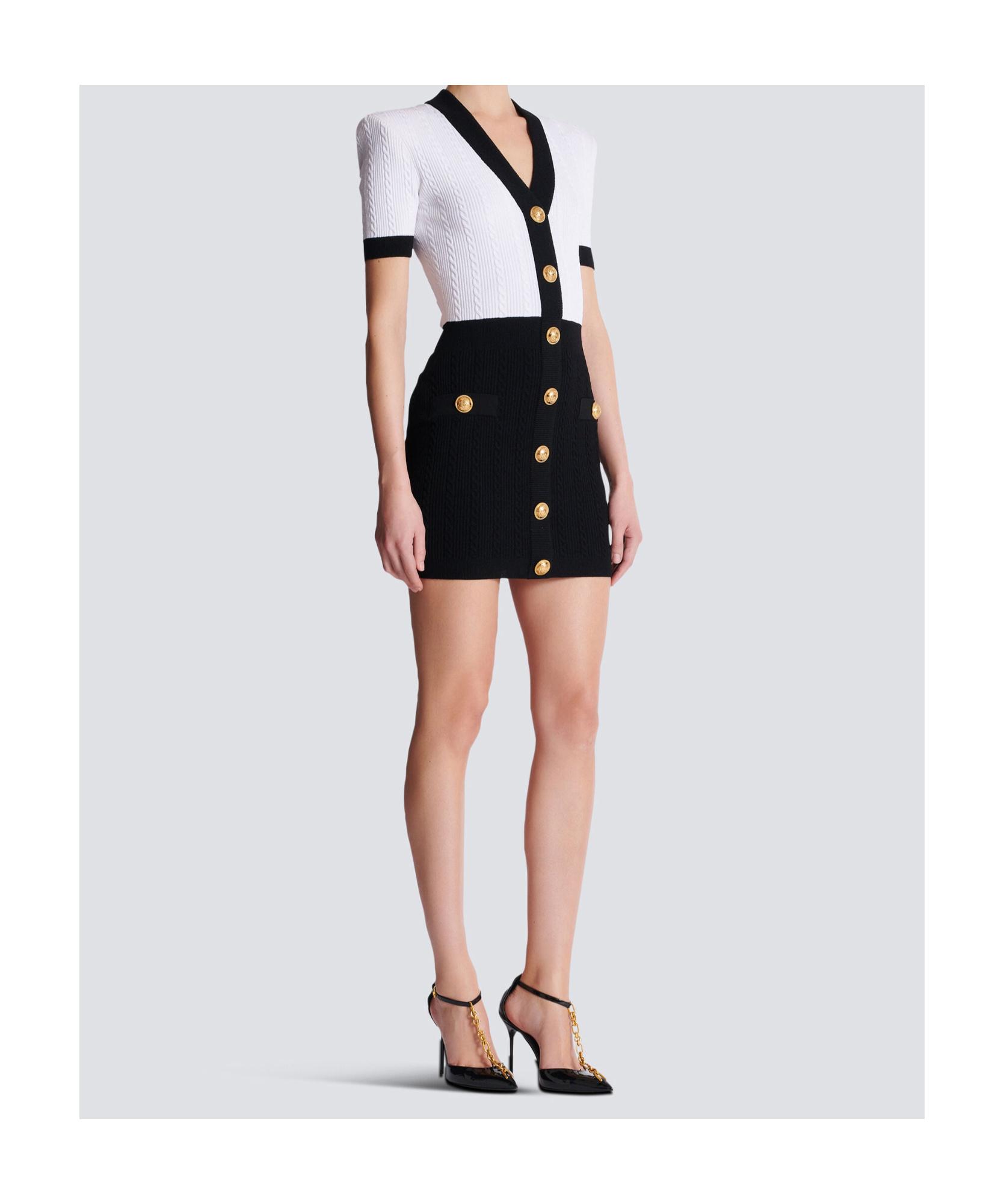 BALMAIN V-neck Buttoned Strong-shoulder Torsade Knit Mini Dress In White Product Image