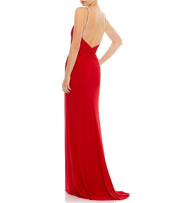 Mac Duggal Jersey Surplice V-Neck Rhinestone Spaghetti Strap Sleeveless Ruched Thigh High Slit Open Back Detail Faux Wrap Gown Product Image