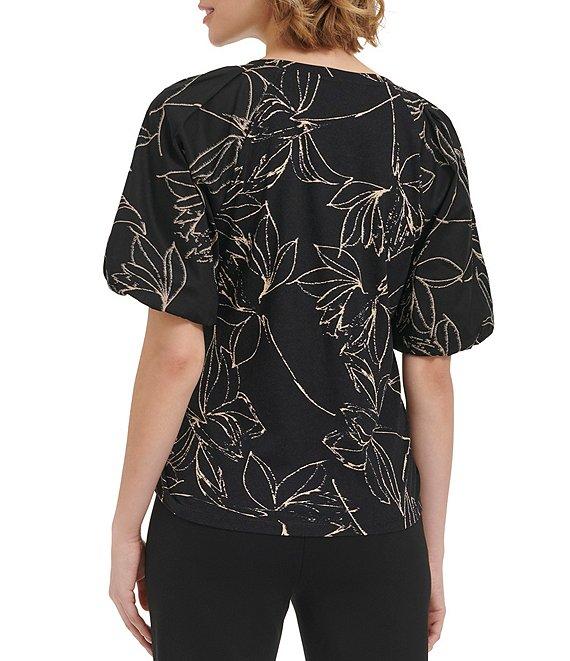 Calvin Klein Printed Crew Neckline Puff 3/4 Blouse Product Image