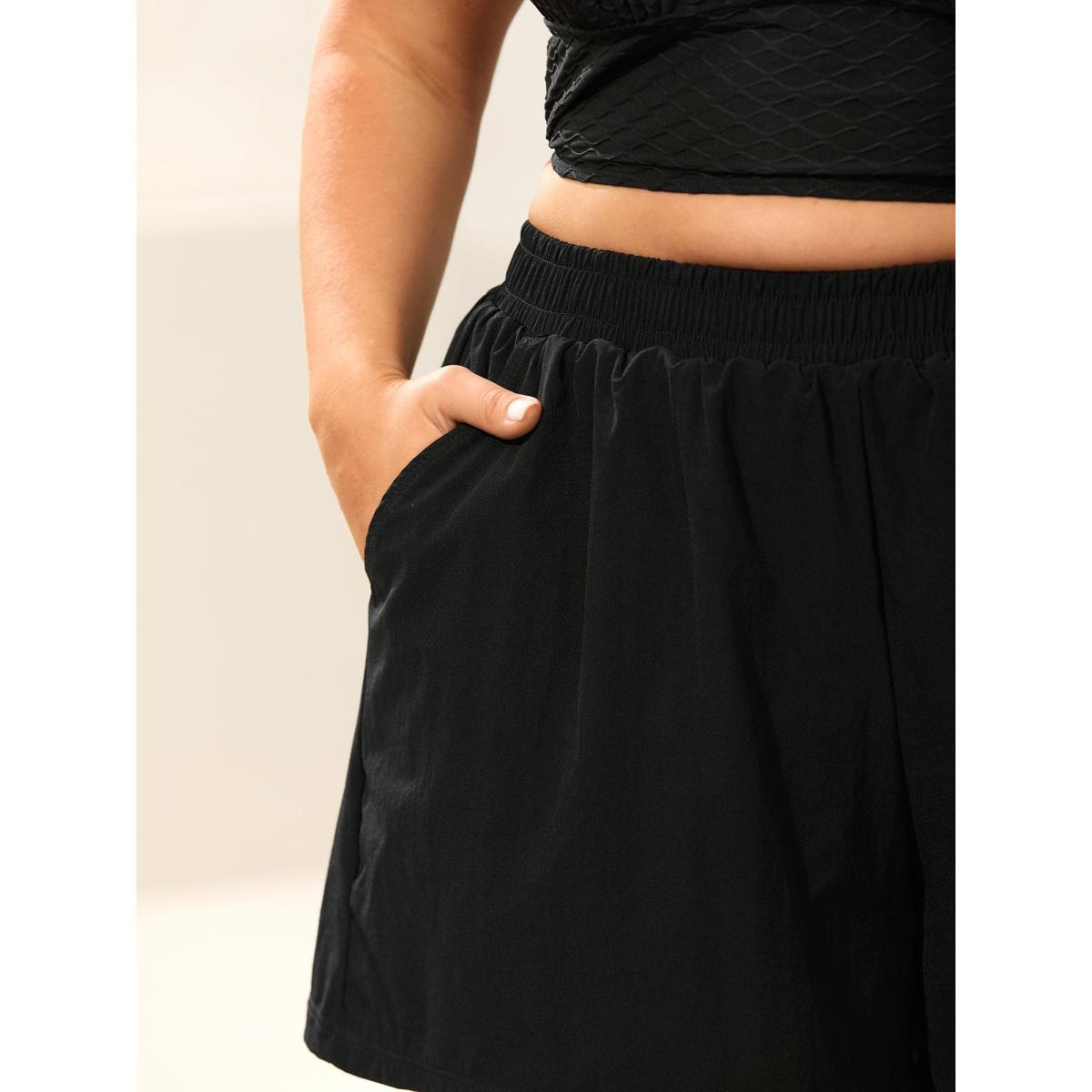 Plus Size Stretchy Waist Pockets Wide-Leg Swim Bottoms Women's Swimwear Black Resort Gathered High stretch Bodycon High Rise Side seam pocket Curve Swim Bottoms BloomChic 22-24/3X Product Image