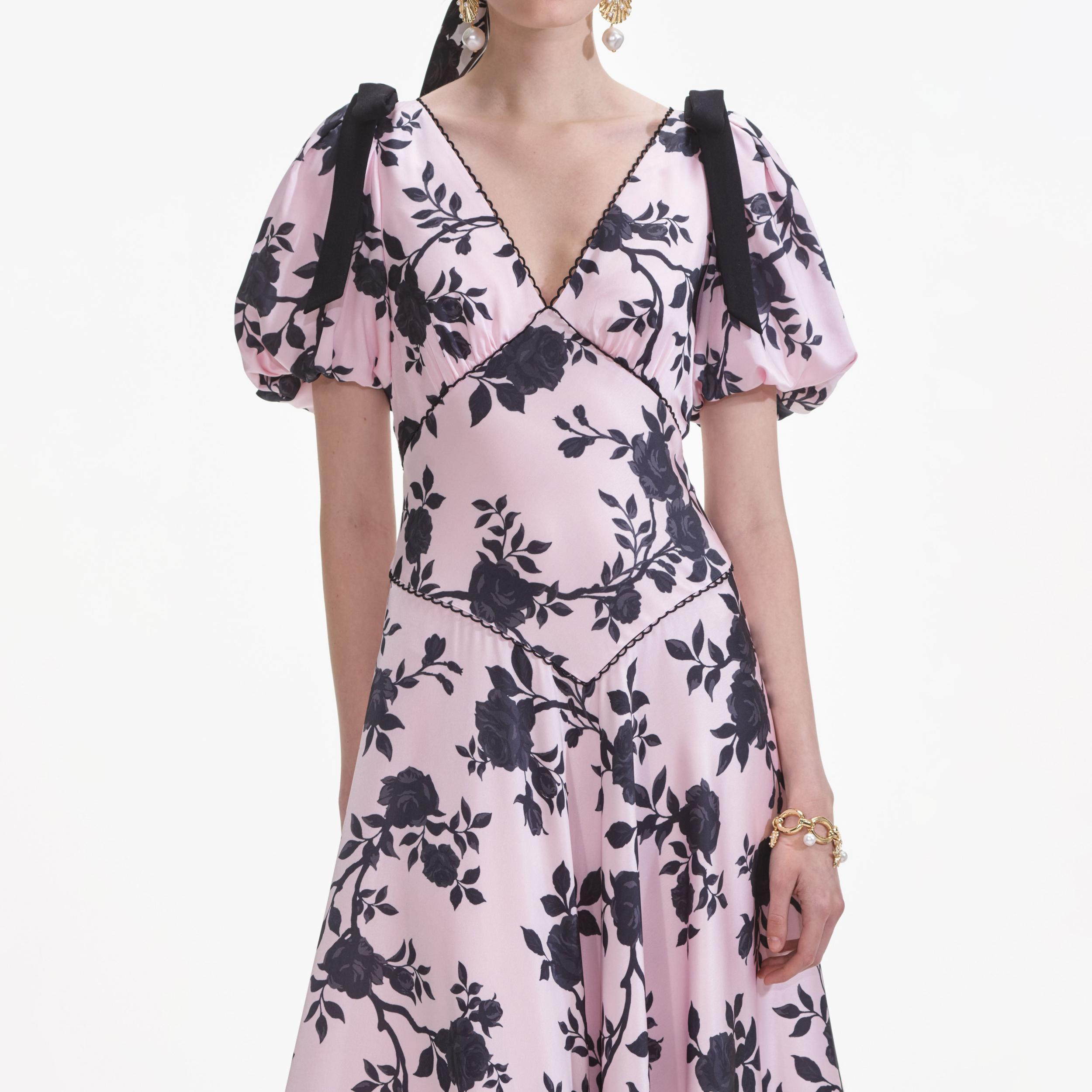 Pink Satin Floral Midi Dress Product Image