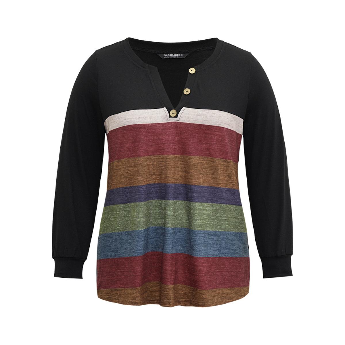 Plus Size Colorblock Contrast Notched Button Detail T-shirt Black Women Casual Contrast Striped Notched collar Dailywear T-shirts BloomChic 26/4X Product Image