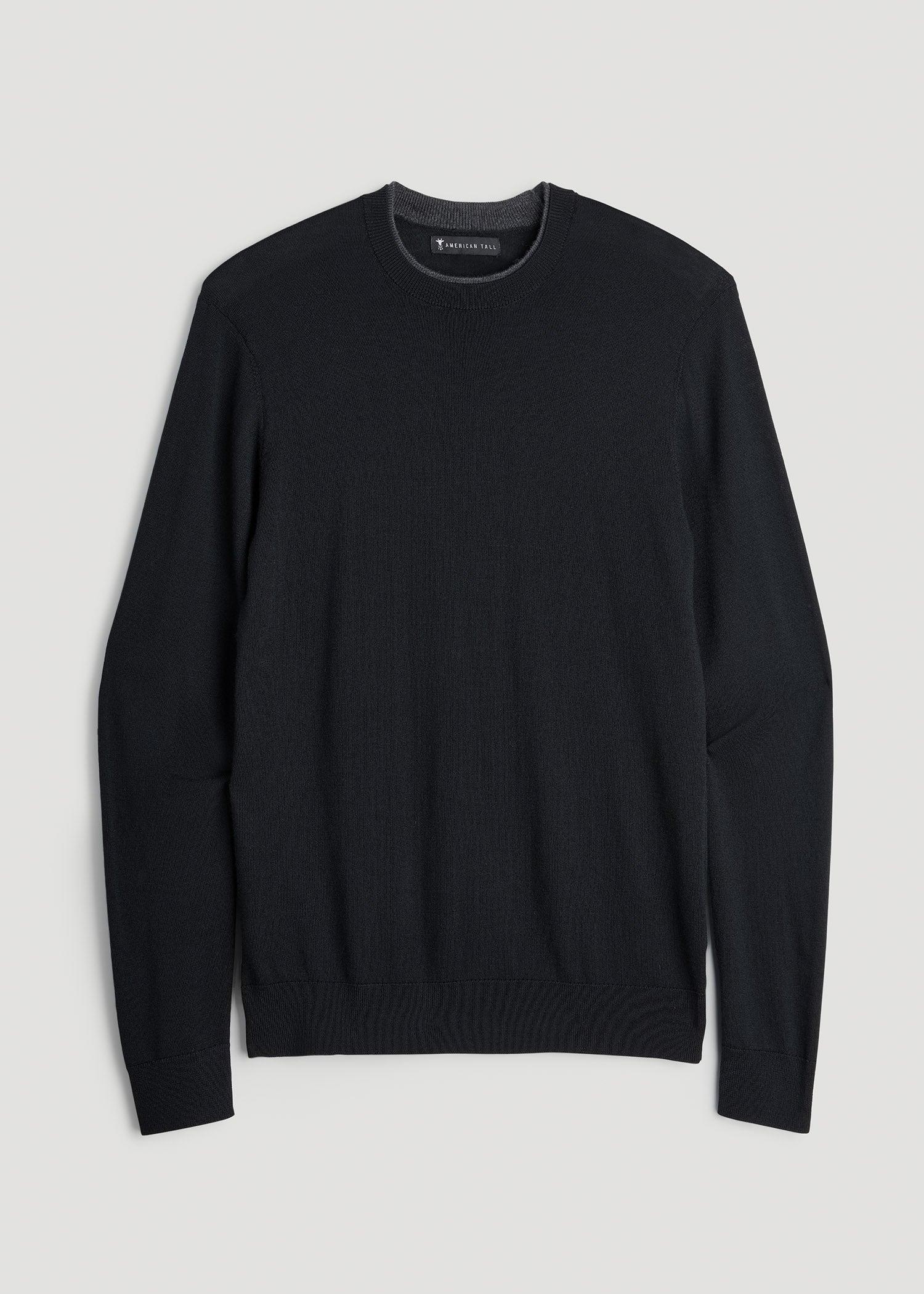 Merino Wool Crewneck Tip Sweater for Tall Men in Black Male Product Image