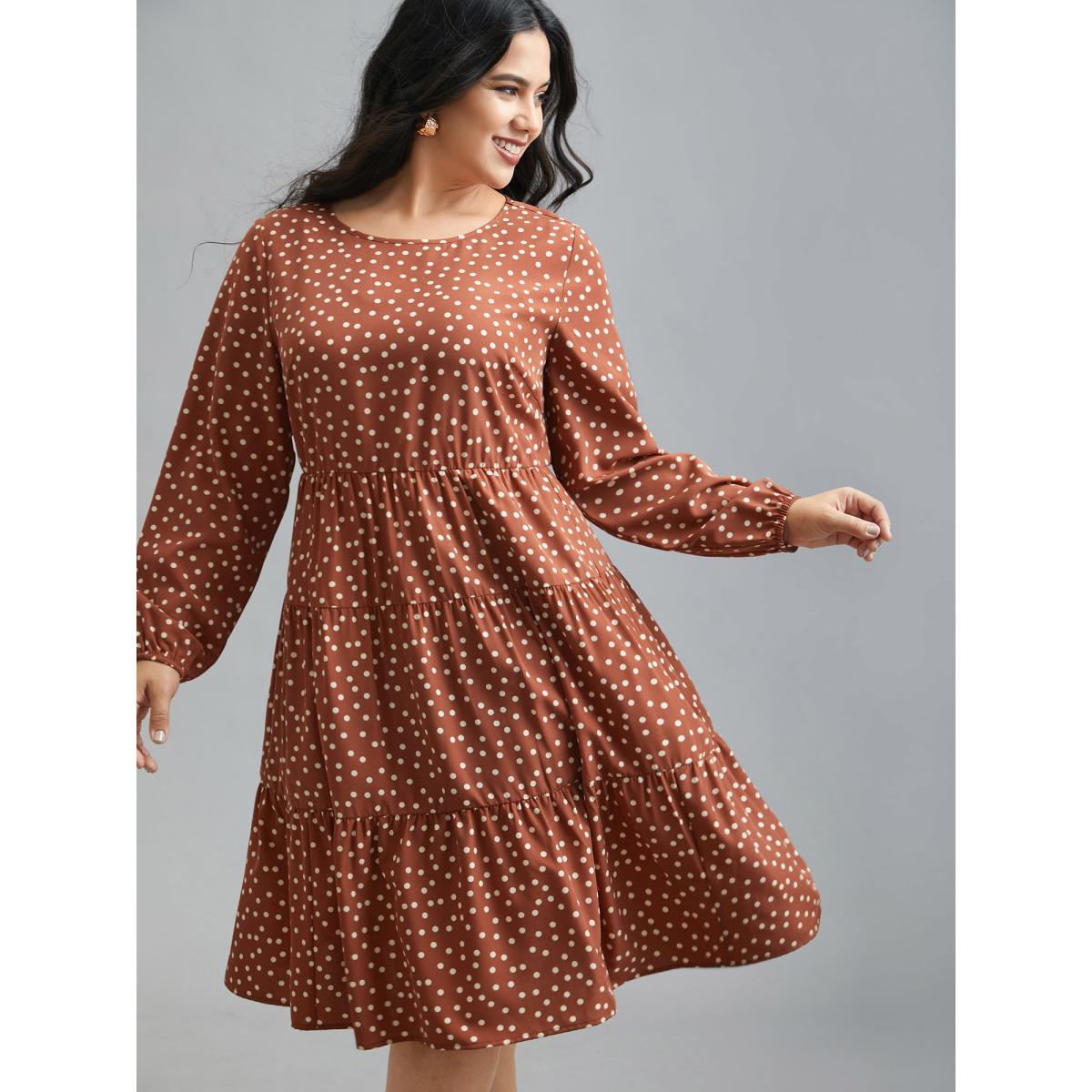 Plus Size Polka Dot Waist-Cinched Tiered Dress Rust Women At the Office Ruffles Round Neck Long Sleeve Curvy BloomChic 26/4X Product Image