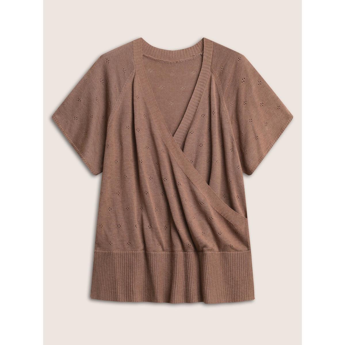 Plus Size Supersoft Essentials Wrap Split Hem Pullover DarkBrown Women Casual Short sleeve V-neck Everyday Pullovers BloomChic 28/5X Product Image