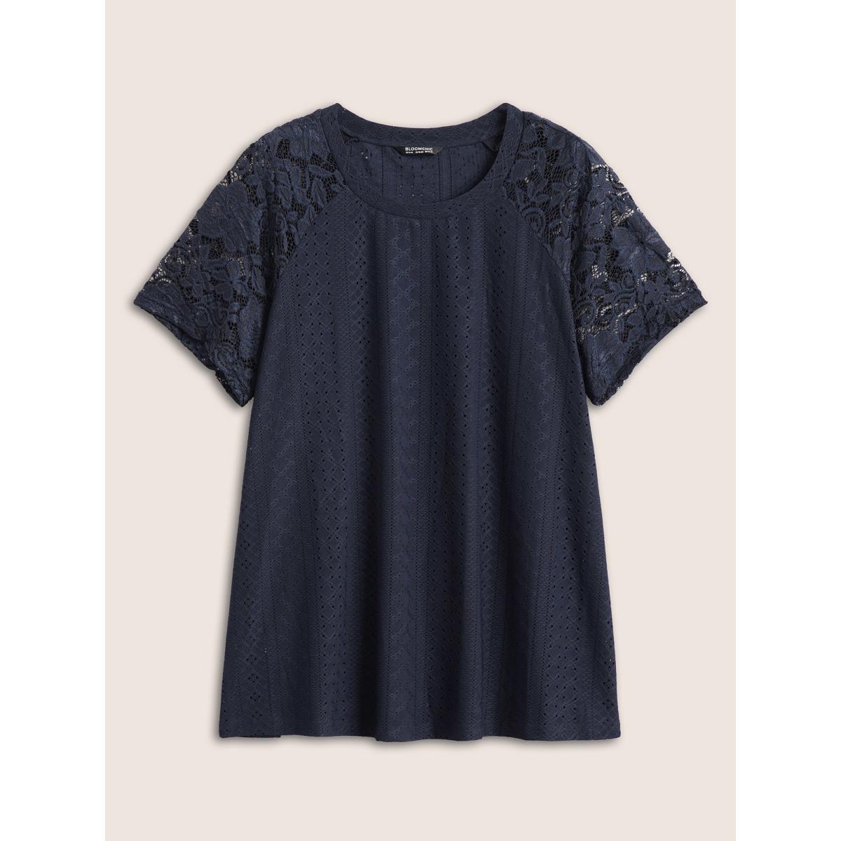 Plus Size Solid Broderie Anglaise Lace Raglan Sleeve T-shirt Midnight Women Elegant See through Plain Round Neck Everyday T-shirts BloomChic 18-20/2X Product Image