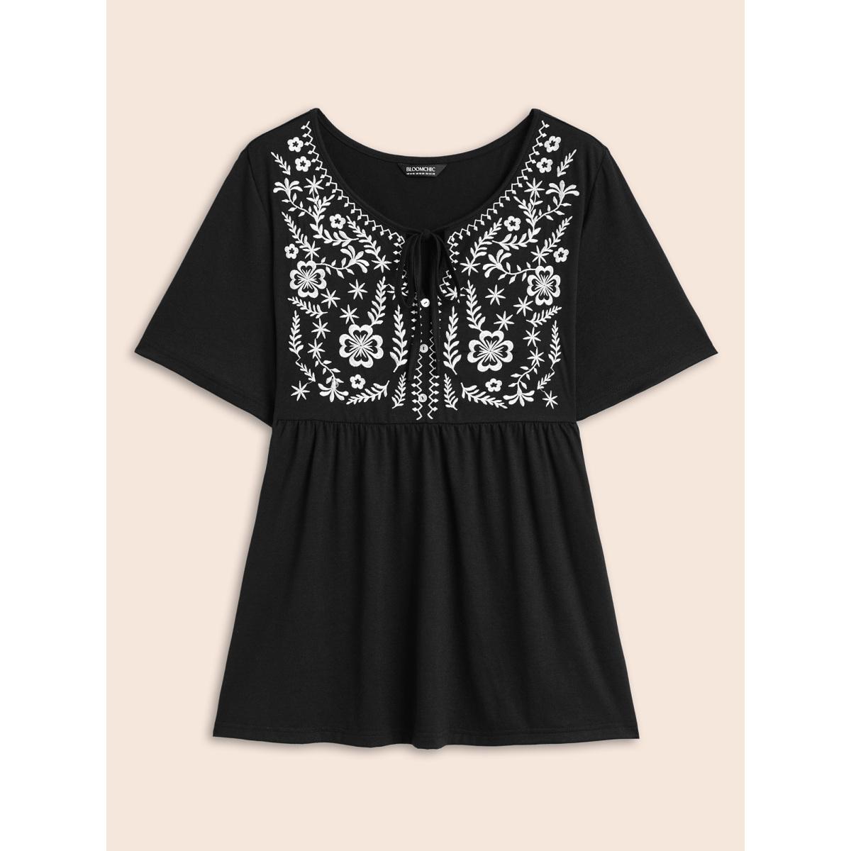 Plus Size Floral Embroidered Tie Knot T-shirt Black Women Elegant Tie knot Natural Flowers Round Neck Everyday T-shirts BloomChic 14-16/1X Product Image