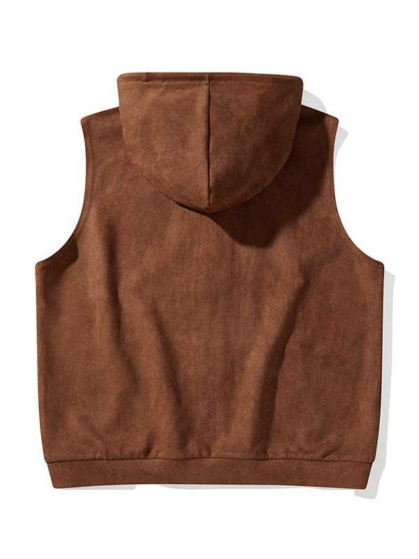 Men's Solid Suede Hooded Zip Up Sleeveless Jacket Product Image