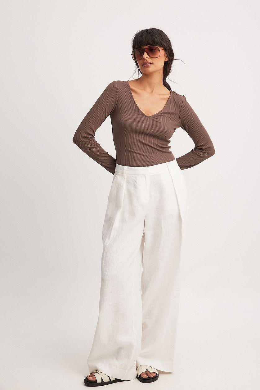 V-Neck Ribbed Long Sleeve Top Product Image