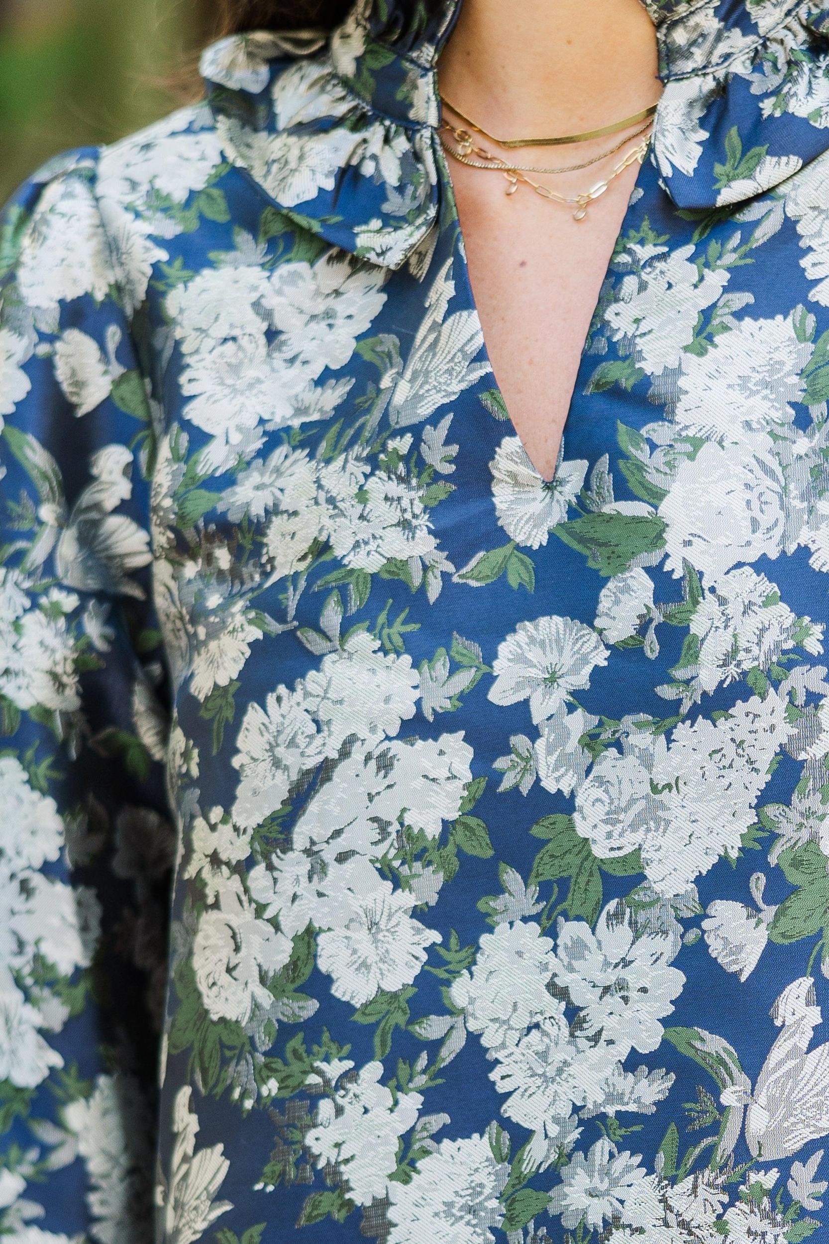 On Your Mind Navy Blue Floral Brocade Blouse Female Product Image