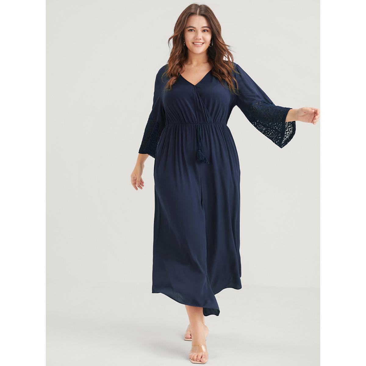 Plus Size Navy Solid Bell Sleeve Pocket Tie Contrast Lace Wrap Jumpsuit Women Elegant Elbow-length sleeve V-neck Dailywear Loose Jumpsuits BloomChic 10/M Product Image