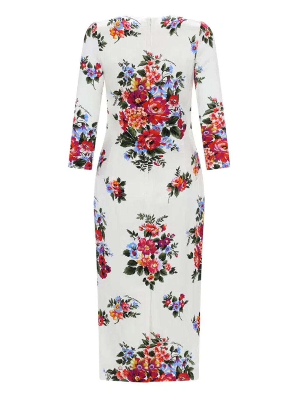 DOLCE & GABBANA Abito Midi Bianco Con Stampa Floreale Dolce E Gabbana In White Product Image