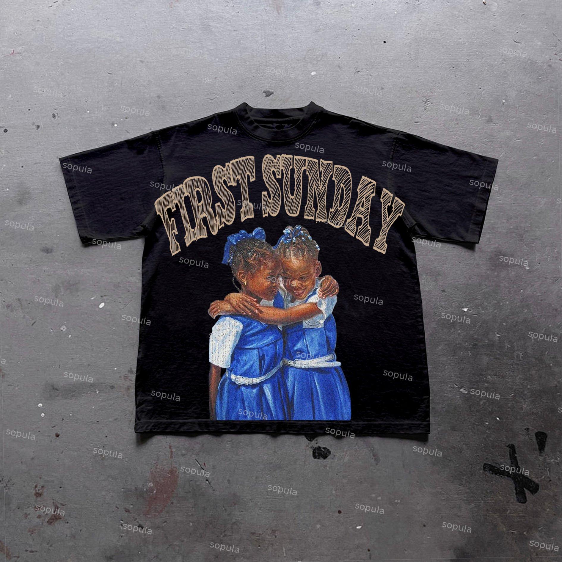 Retro First Sunday Faith Graphic Print Cotton T-Shirt Product Image