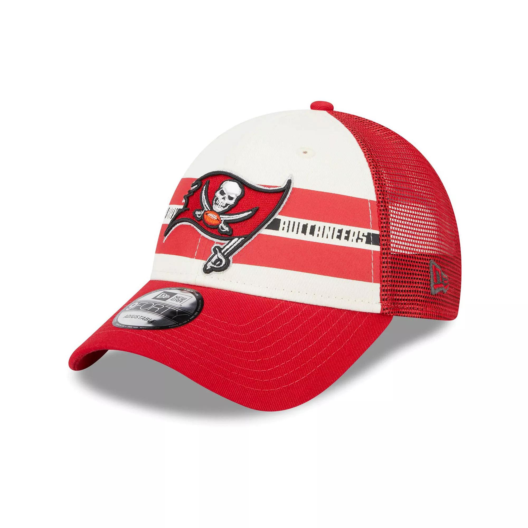 Men's New Era Cream/Red Tampa Bay Buccaneers Team Stripe Trucker 9FORTY Snapback Hat, Beige Product Image