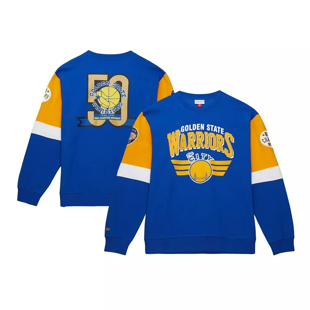 Men's Mitchell & Ness Royal Golden State Warriors Hardwood Classics Vintage All Over 3.0 Pullover Sweatshirt, Size: XL, Blue Product Image