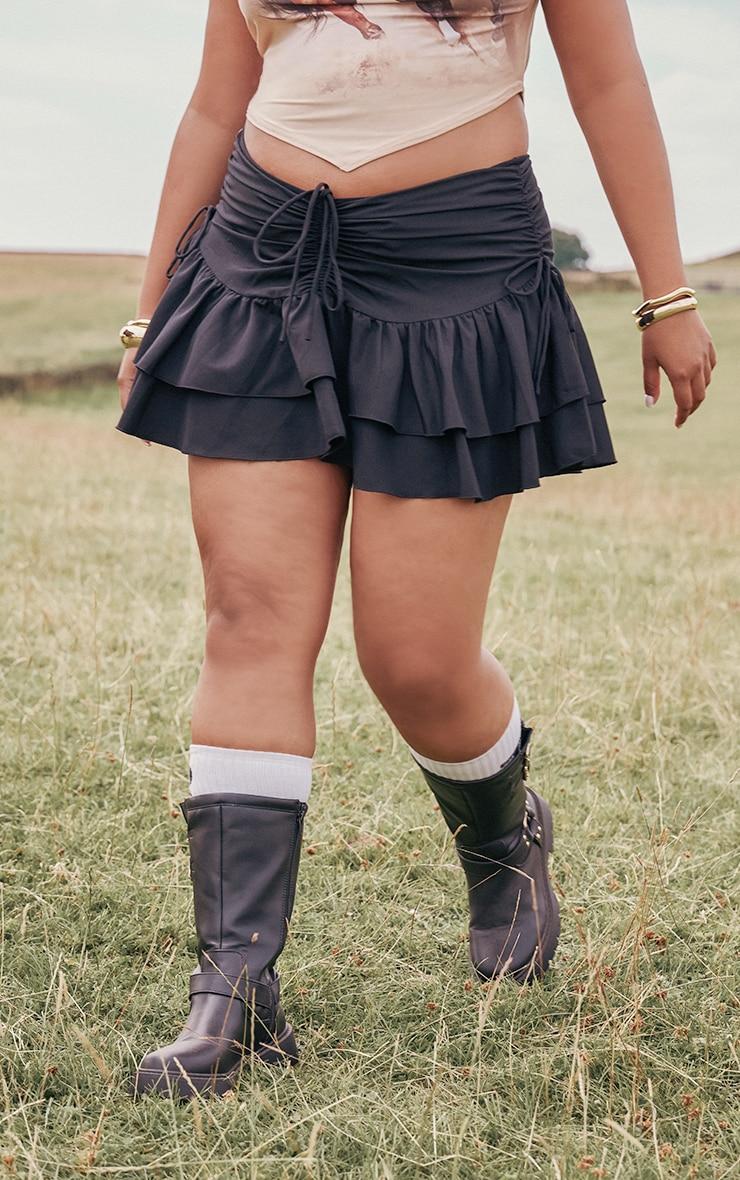 Plus Black Ruched Ruffle Detail Mini Skirt Product Image