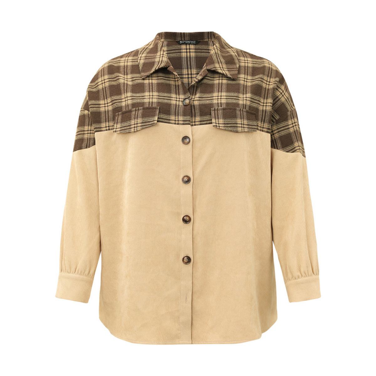 Plus Size Plaid Button Through Patchwork Contrast Jacket Women Tan Contrast Dailywear Jackets BloomChic 28/5X Product Image