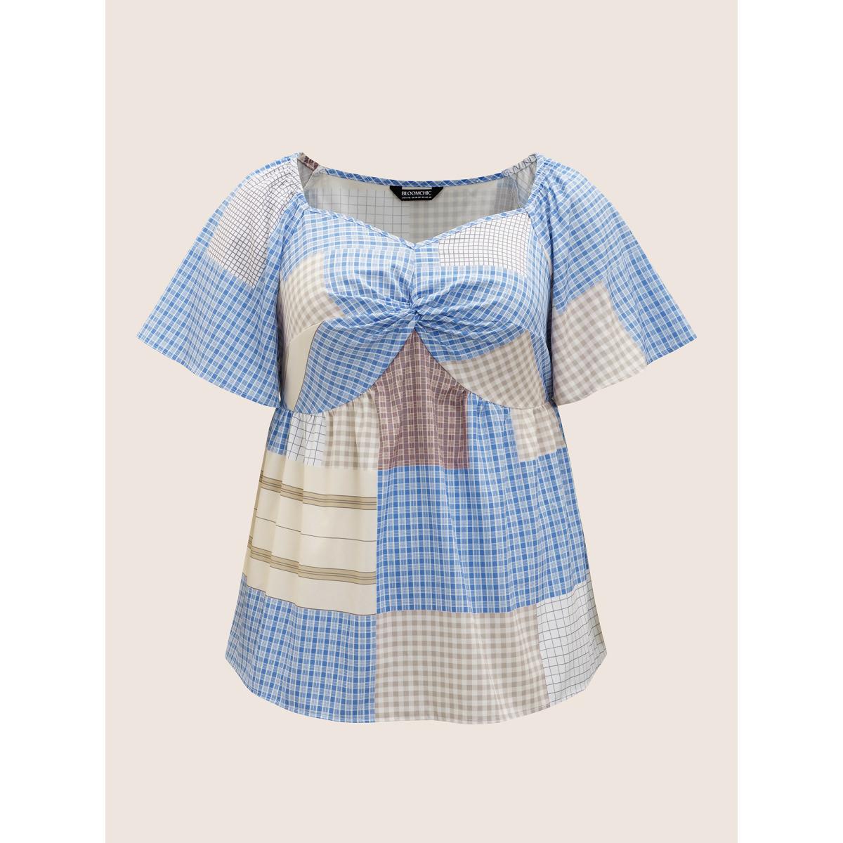 Plus Size Multicolor Heart Neckline Contrast Gingham Twist Front Blouse Women Casual Short sleeve Heart neckline Everyday Blouses BloomChic 14-16/1X Product Image