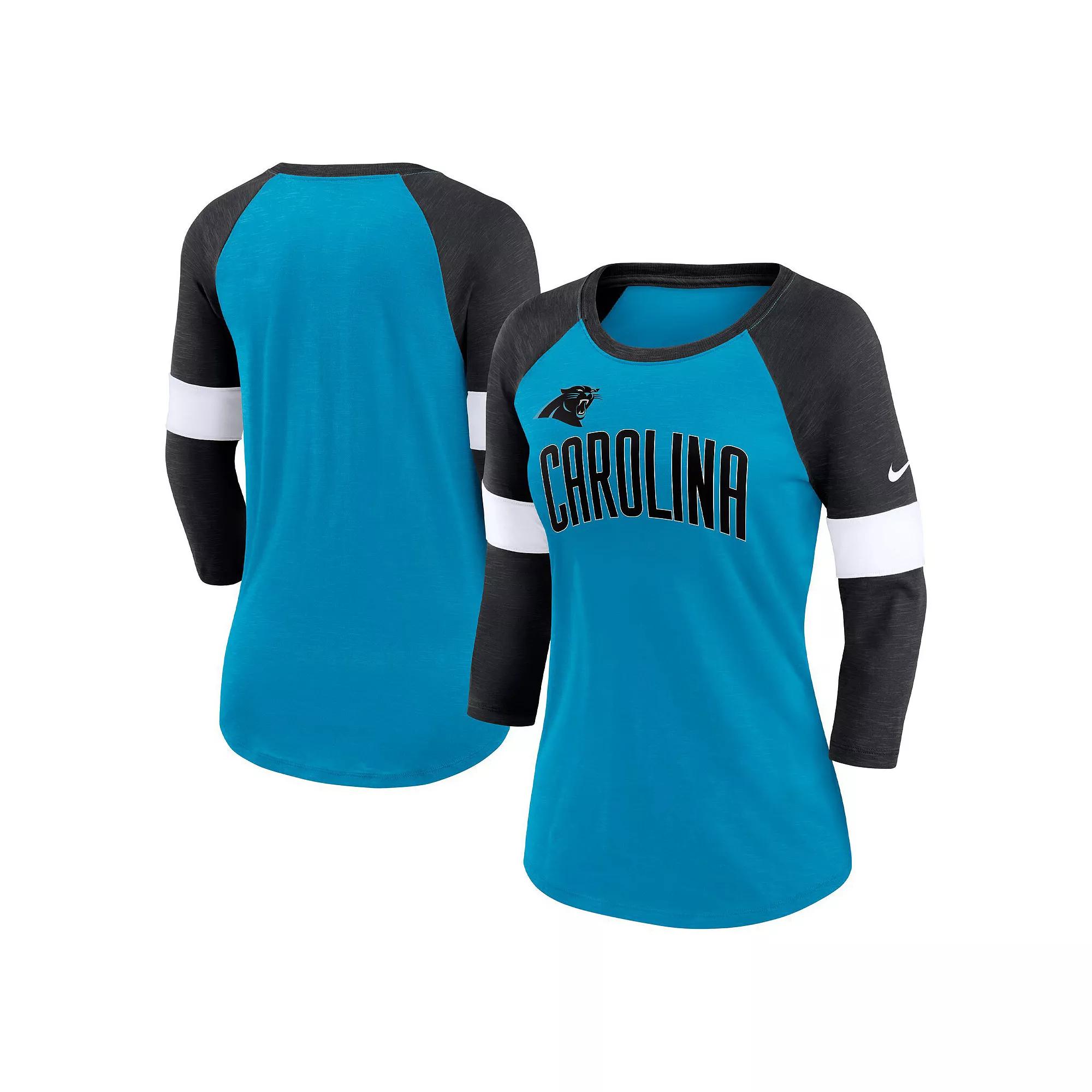 Women's Nike Carolina Panthers Heathered Blue/Heathered Black Football Pride Slub 3/4 Raglan Sleeve T-Shirt, Size: Small Product Image