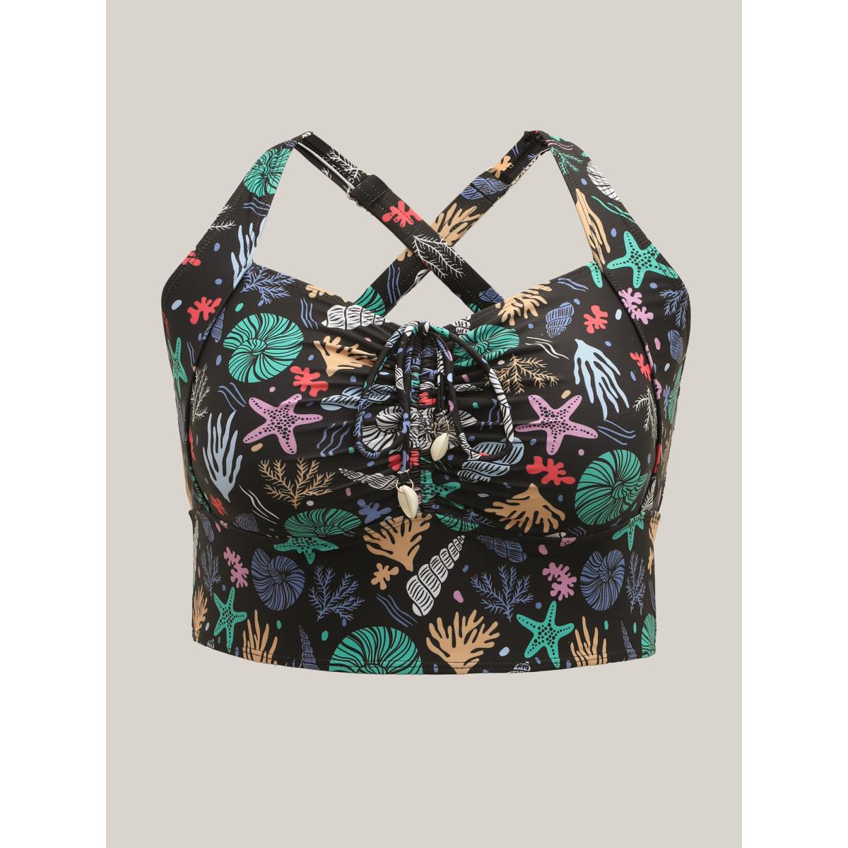 Plus Size Bust-Friendly Ties Shell Print Swim Top Women's Swimwear Multicolor Resort Drawstring High stretch Skinny Heart neckline Curve Swim Tops BloomChic 26/4X Product Image