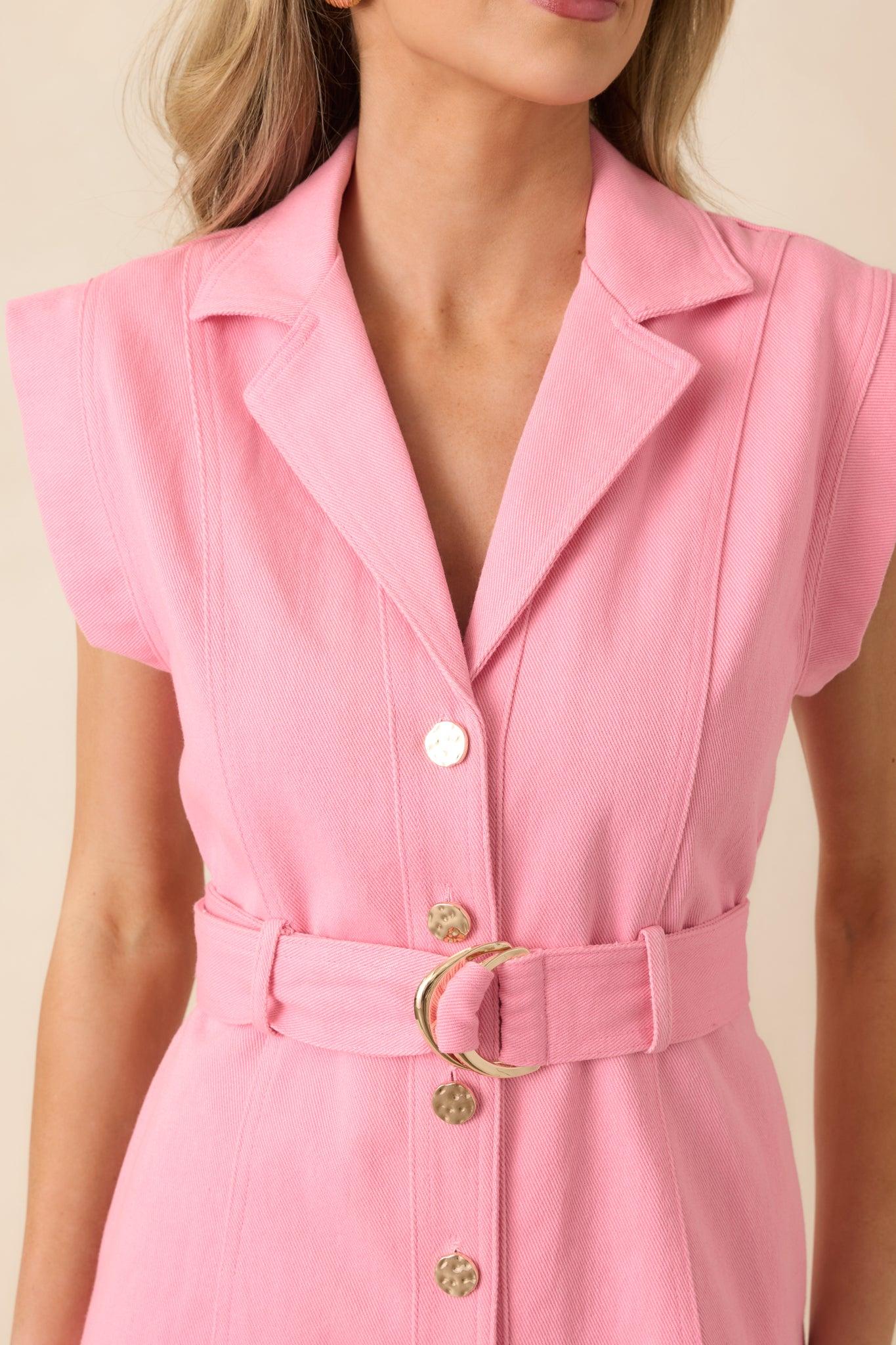 Breaking New Ground Pink Cotton Button Front Denim Mini Dress L / Pink Product Image