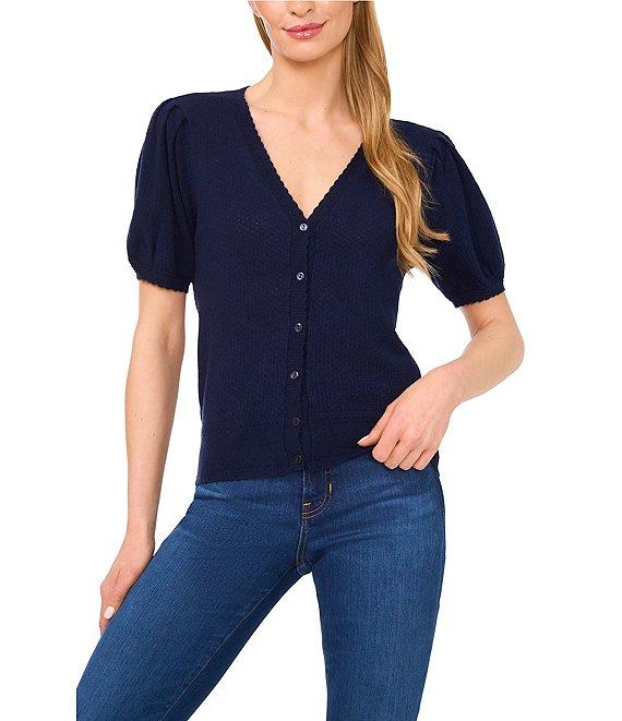 CeCe Pointelle Knit V-Neck Short Puff Sleeve Cardigan Product Image
