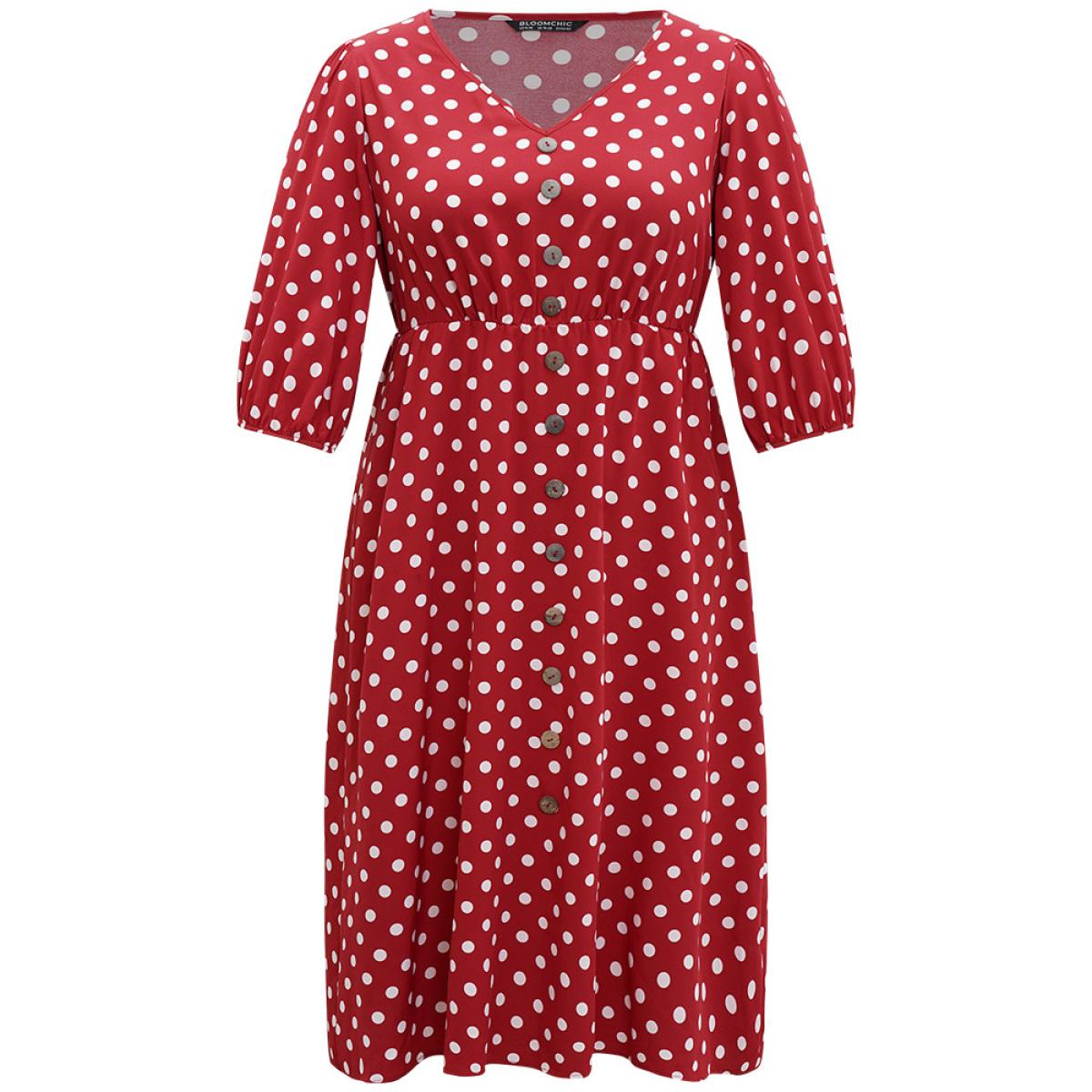 Plus Size Polka Dot Pocket Button Detail Lantern Sleeve Dress Scarlet Women Elegant Printed V-neck Half Sleeve Curvy Midi Dress BloomChic 12/L Product Image