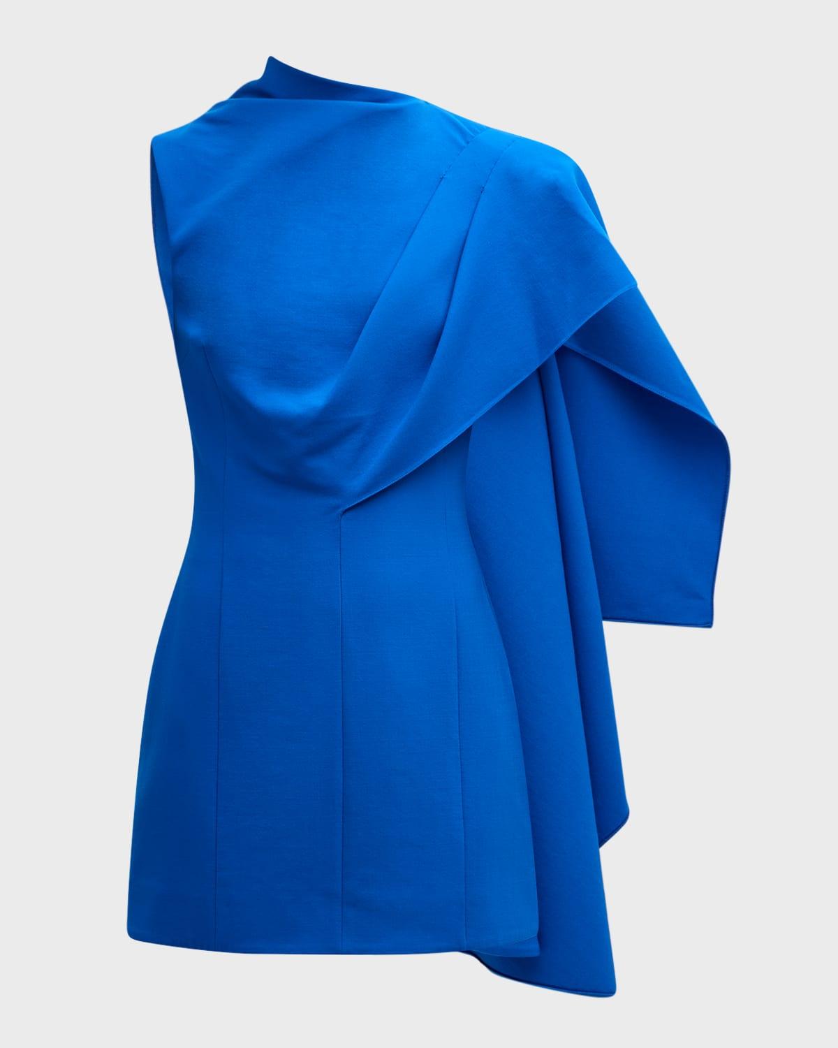 OSCAR DE LA RENTA One Shoulder Cape Detail  Stretch Wool Dress In Lapis Product Image