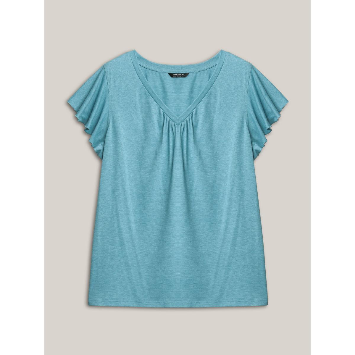 Plus Size Solid Heather Gathered Ruffle Sleeve T-shirt Cerulean Women Timeless Non V-neck Elegant T-shirts BloomChic 10/M Product Image