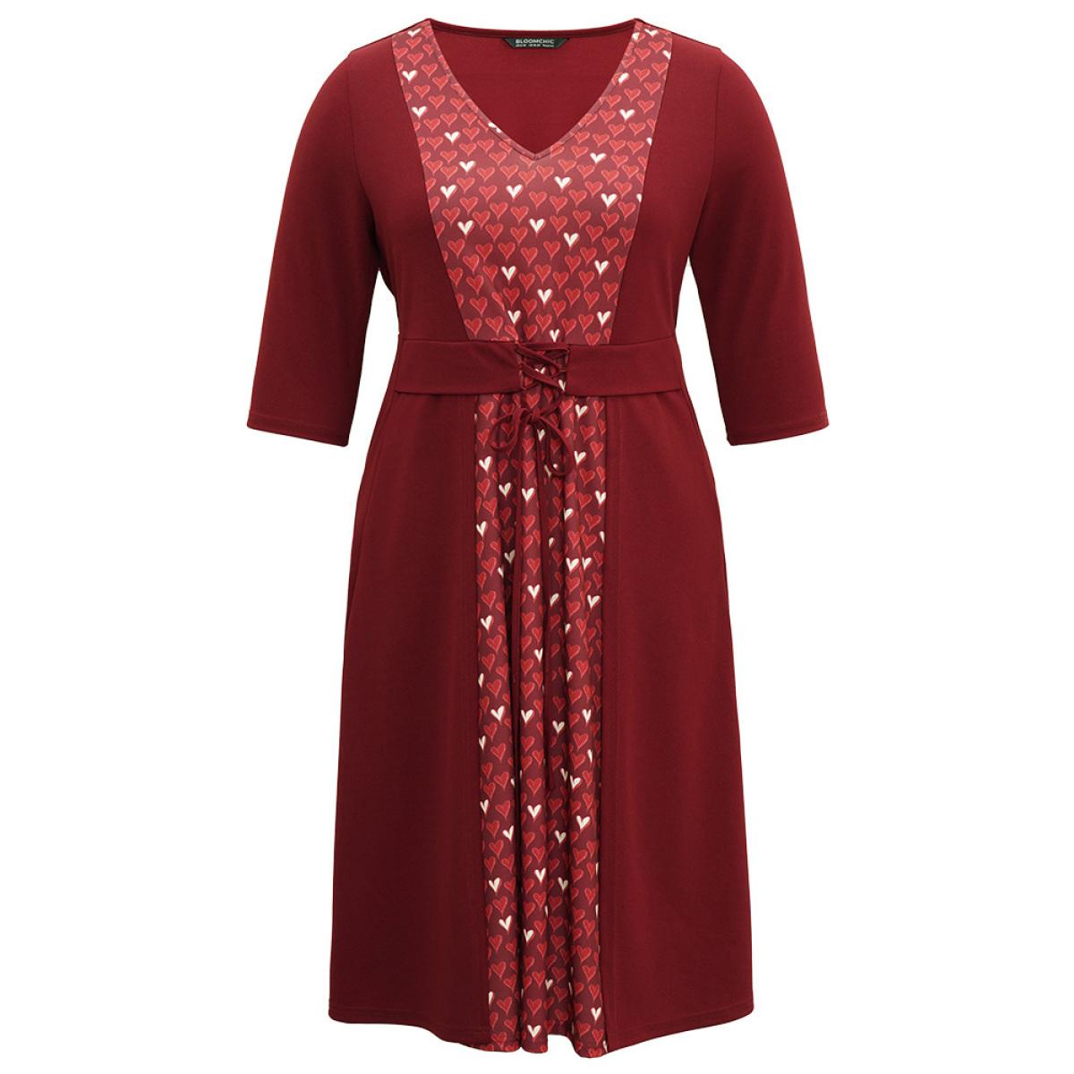 Plus Size Heart Print Patchwork Print Lace Up Ties Dress Scarlet Women Casual Cross straps V-neck Elbow-length sleeve Curvy Midi Dress BloomChic 14-16/1X Product Image
