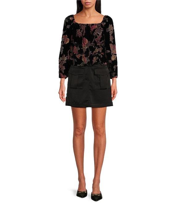 Skies Are Blue Velvet Burnout Floral Print Square Neck Long Sleeve Cropped Top Product Image