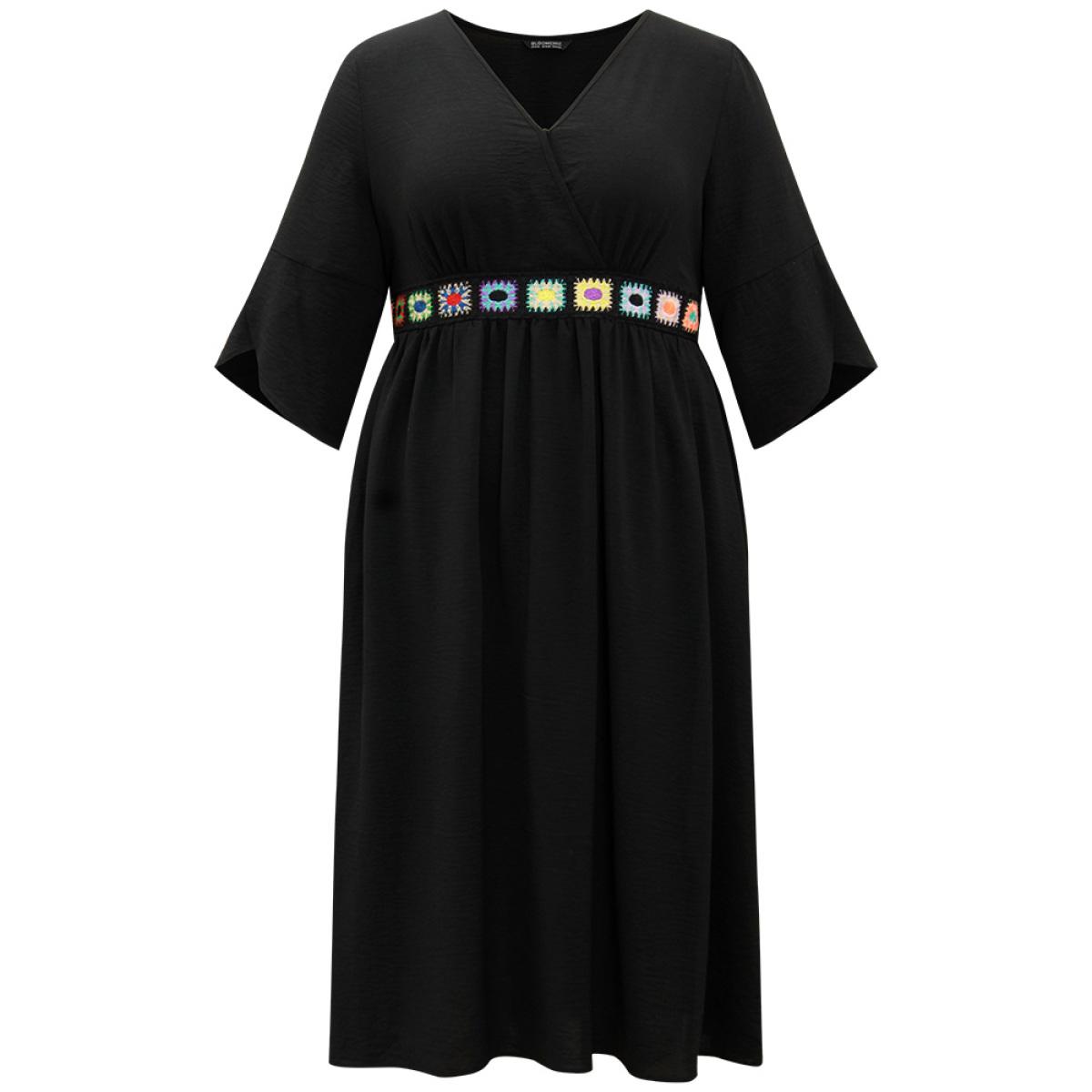 Plus Size Plain Elastic Waist Embroidered Wrap Dress Black Women Vacation Wrap Overlap Collar Elbow-length sleeve Curvy Midi Dress BloomChic 18-20/2X Product Image