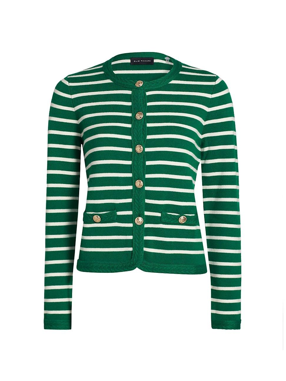 Womens Makena Striped Wool-Cashmere Crewneck Cardigan Product Image