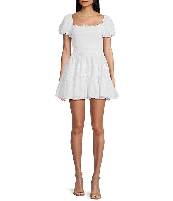 B. Darlin Puff Short Sleeve Square Neck Smocked Skater Skirt Dress Product Image