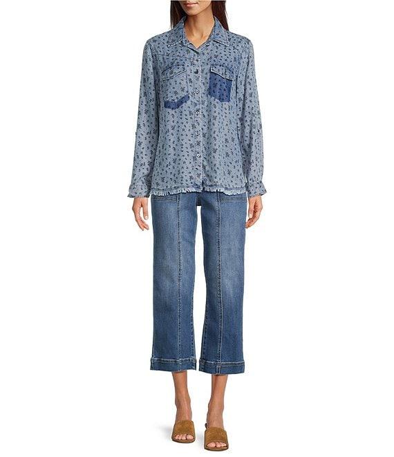 Tru Luxe Jeans Tonal Floral Chambray Point Collar Roll Tab Sleeve Button Front Shirt Product Image