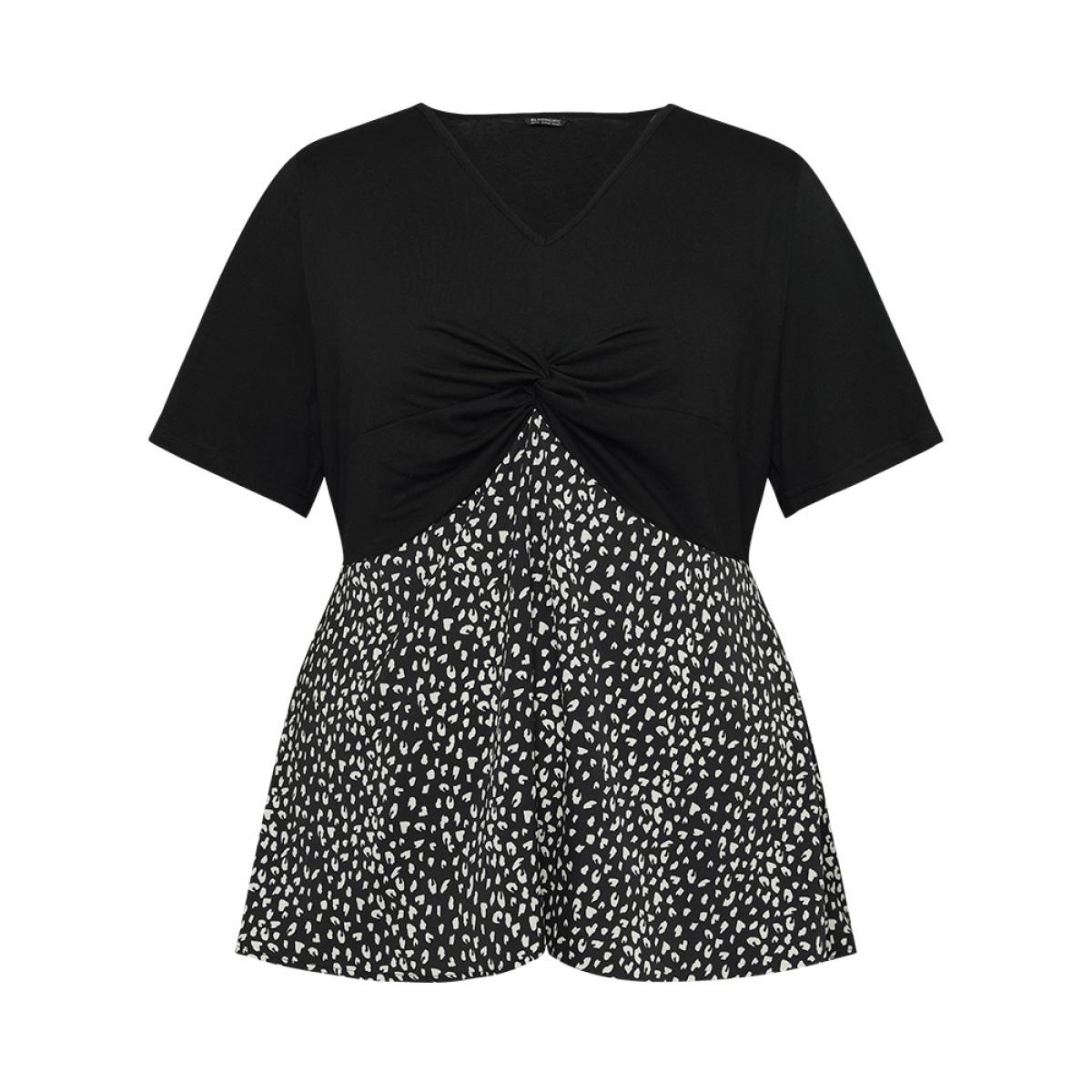 Plus Size Black Leopard Patchwork Twist Ruffle Sleeve Blouse Women Elegant Short sleeve V-neck Dailywear Blouses BloomChic 26/4X Product Image