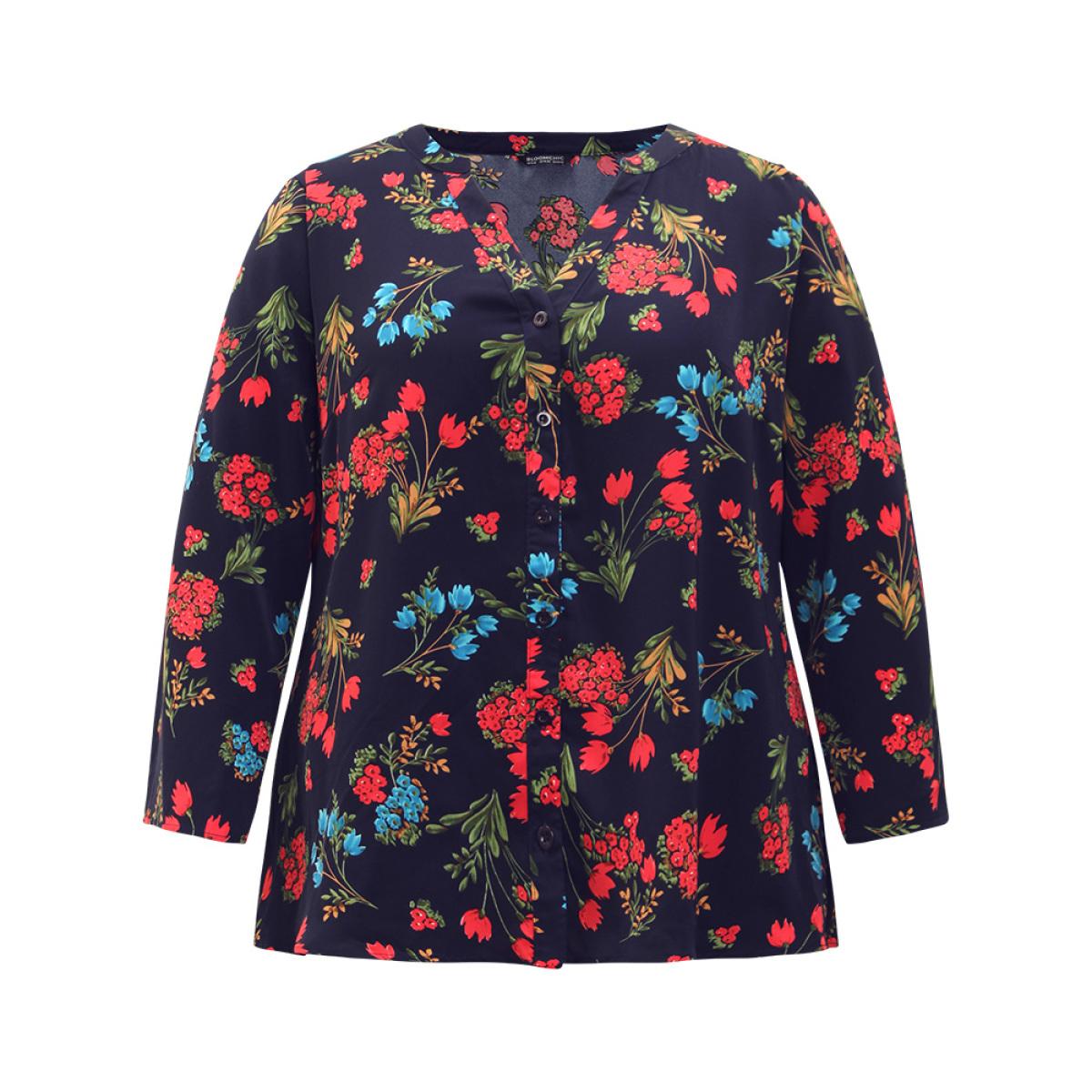 Plus Size Indigo Floral Print Notched Tab Sleeve Blouse Women Elegant Long Sleeve V-neck Dailywear Blouses BloomChic 10/M Product Image