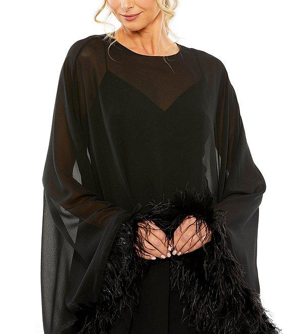 Mac Duggal Crew Neck Long Sleeve Feather Trim Cape Overlay Mini Dress Product Image