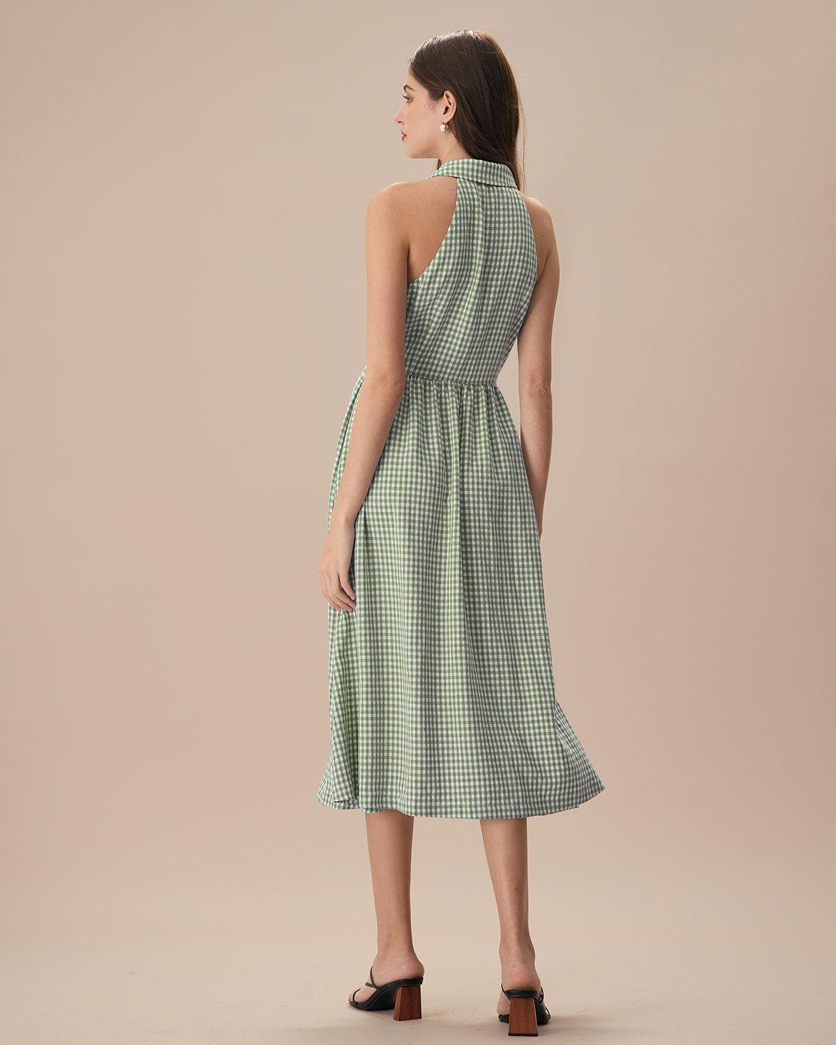 The Green Lapel Plaid Sleeveless Shirt Midi Dress Product Image