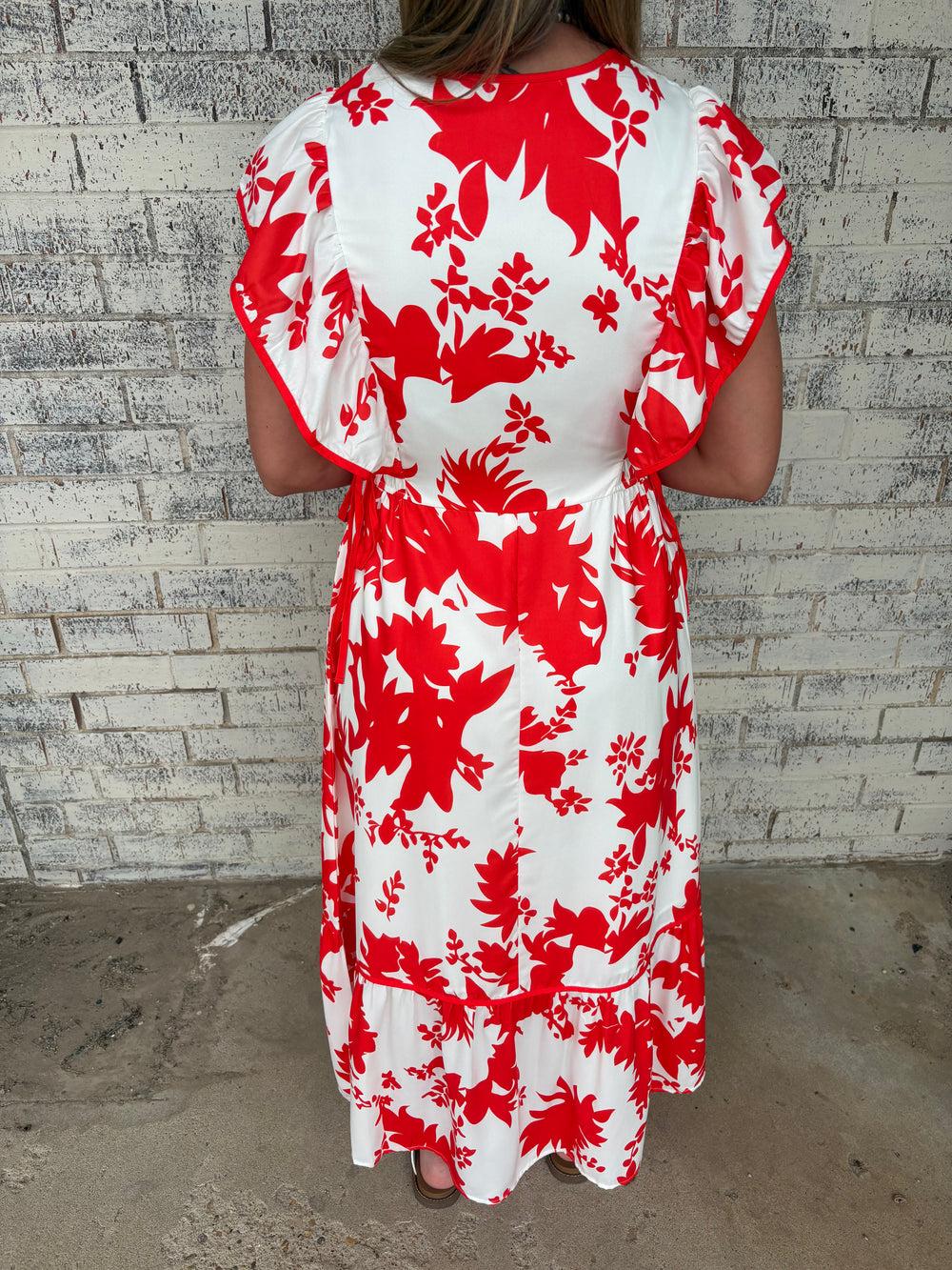 Floral Trimmed V-Neck Ruffle Sleeve Long Dress Product Image