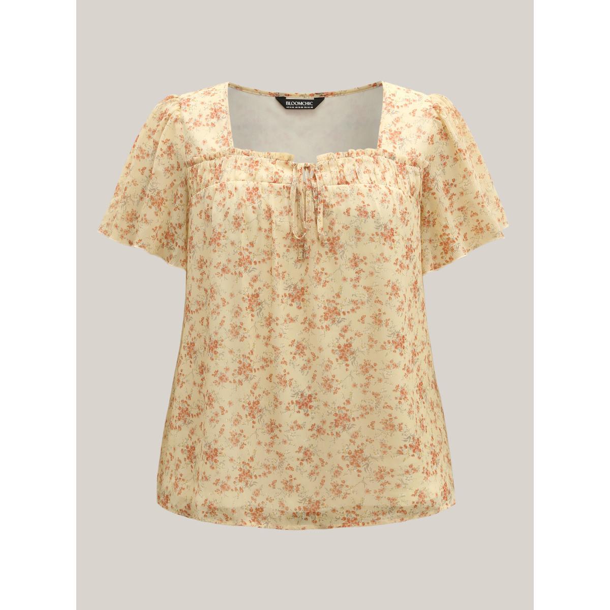 Plus Size Lightyellow Chiffon Floral Print Neck Tie Blouse Women Short sleeve Square Neck Everyday-Elegant Blouses BloomChic 30/6X Product Image