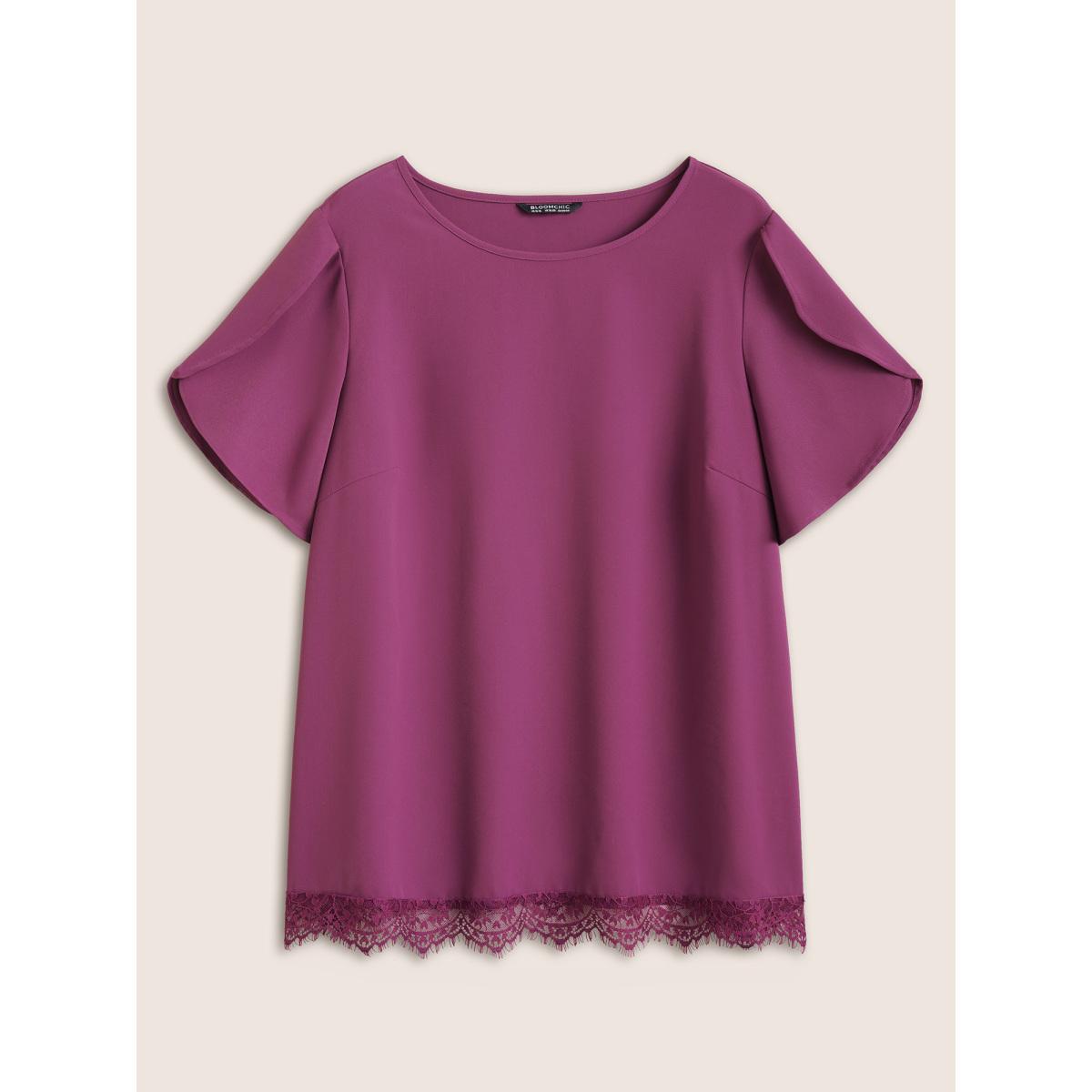 Plus Size Purple Plain Lace Insert Petal Sleeve Blouse Women Elegant Short sleeve Round Neck Everyday Blouses BloomChic 18-20/2X Product Image