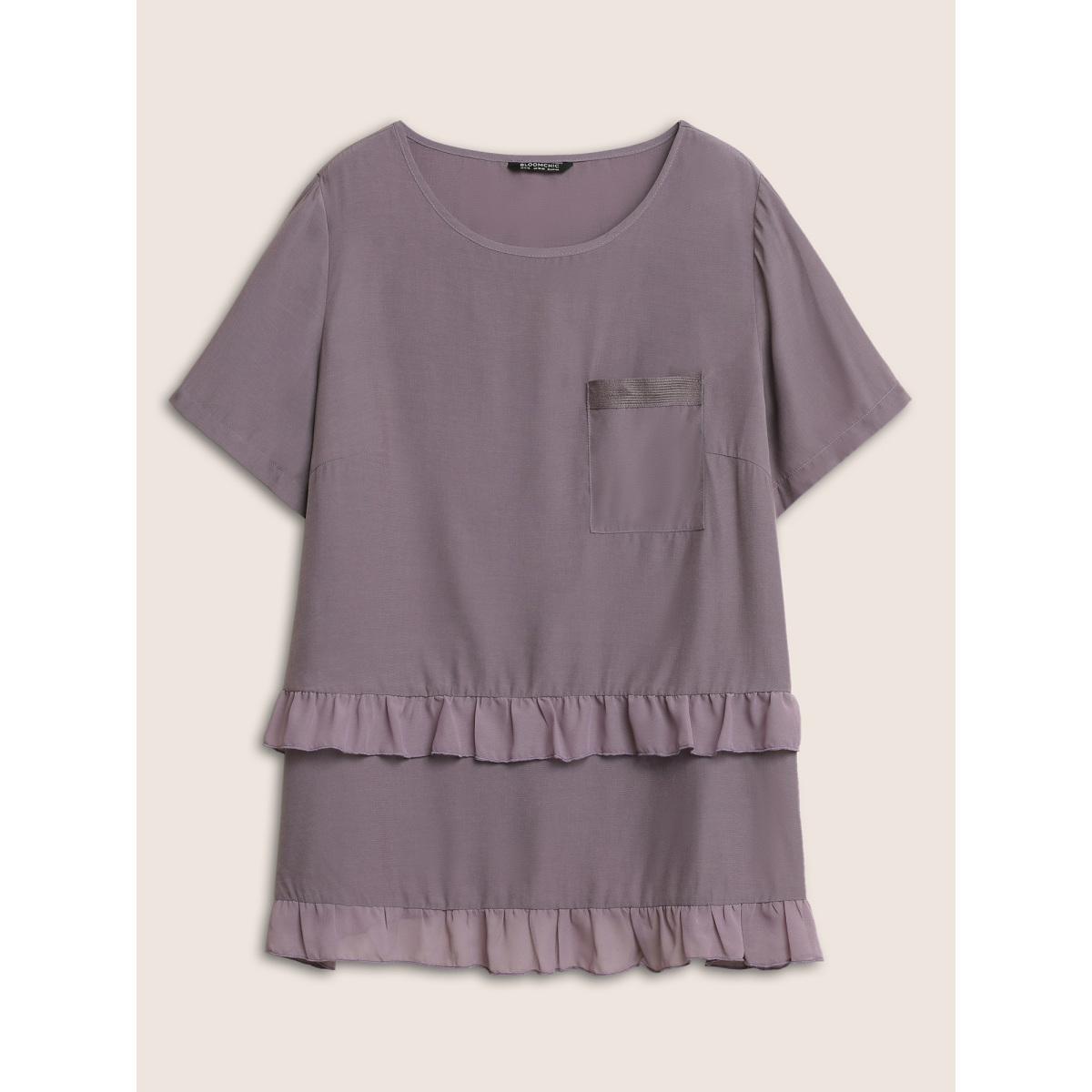 Plus Size Mauve Plain Tiered Ruffles Patched Pocket Blouse Women Casual Short sleeve Round Neck Everyday Blouses BloomChic 30/6X Product Image