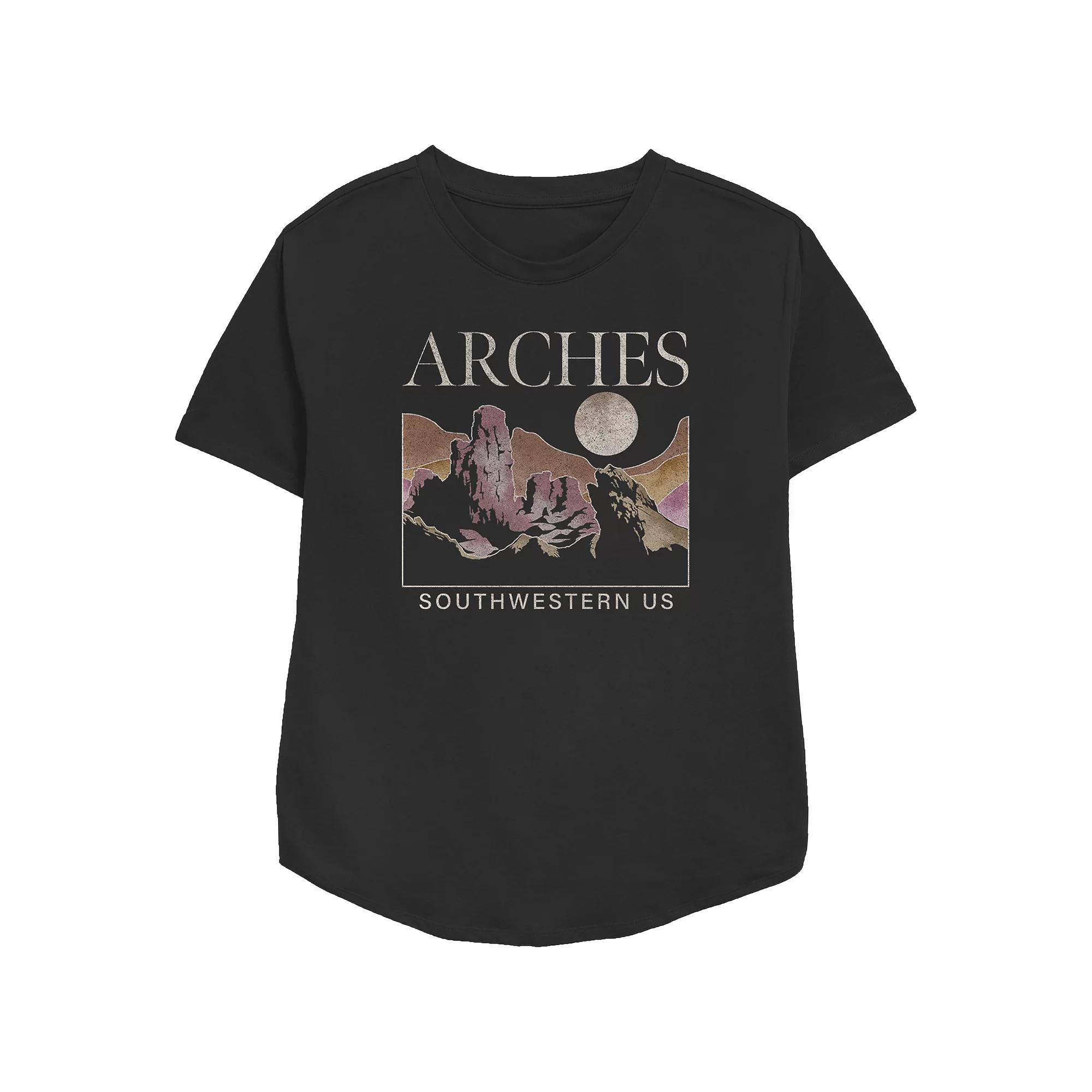 Women's Arches Southwest US Hills Mountains Nightscape Moon Relaxed Fit Graphic Tee, Girl's, Size: Small, Black Product Image