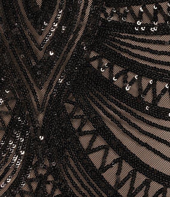 B. Darlin Sequin Sheer/Nude Pattern V-Neck Spaghetti Strap Lace Up Back Dress Product Image